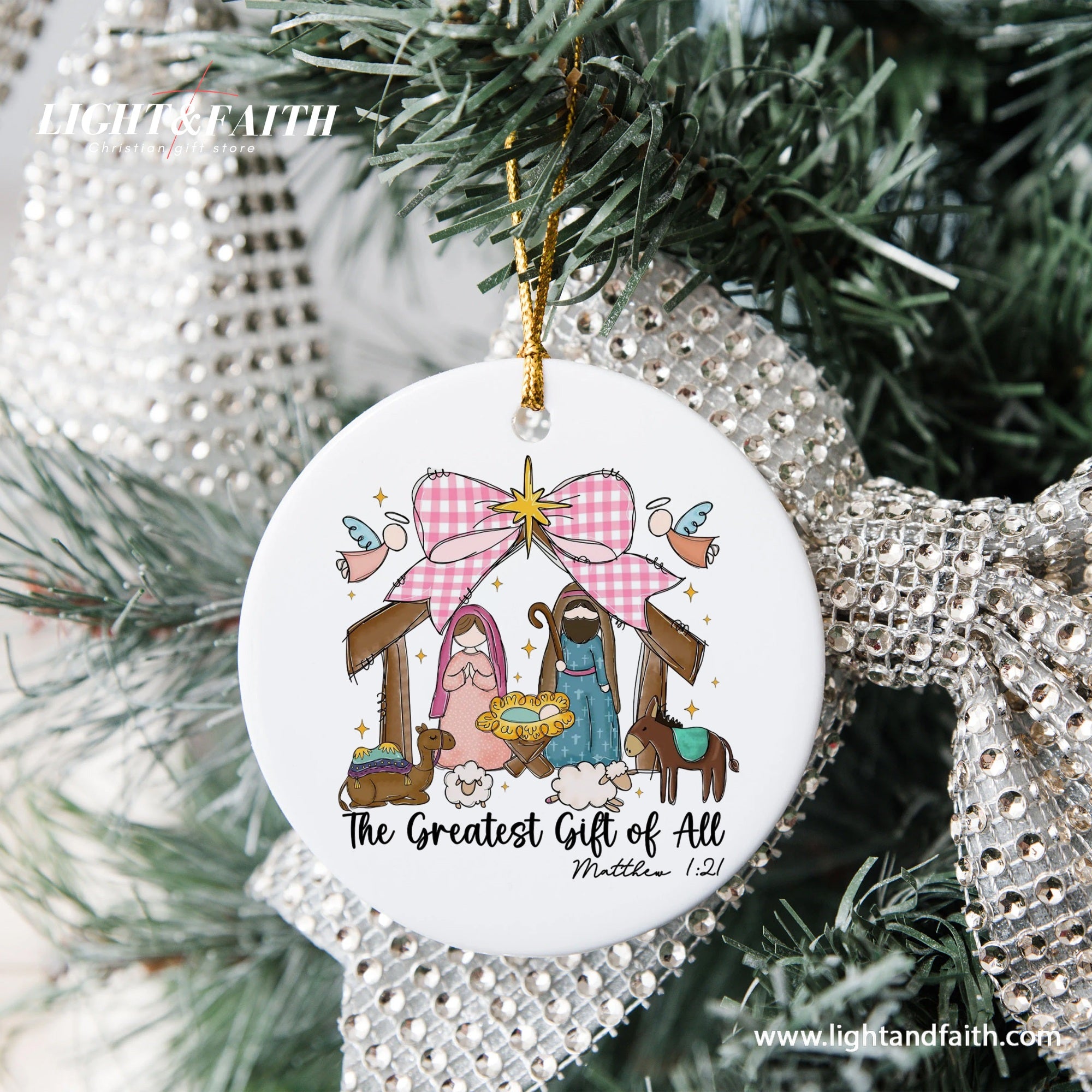 Cute Nativity Scene Christmas Ornament, The Greatest Gift of All Matthew 1:21, Christian Holiday Decoration, Religious Xmas Tree DecorDCLAF48